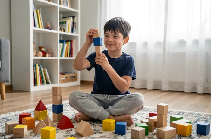 Jeune garçon souriant jouant avec des blocs de construction en bois colorés sur un tapis dans un salon moderne