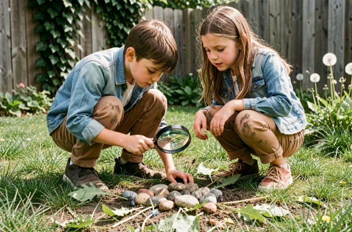 Deux enfants explorant la nature dans un jardin avec une loupe, découvrant des insectes et des plantes en plein air