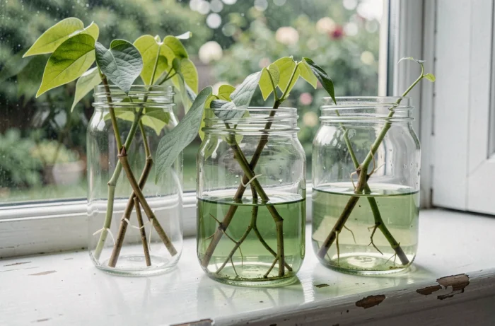 Wisteria cuttings rooting in glass jars on a sunny windowsill