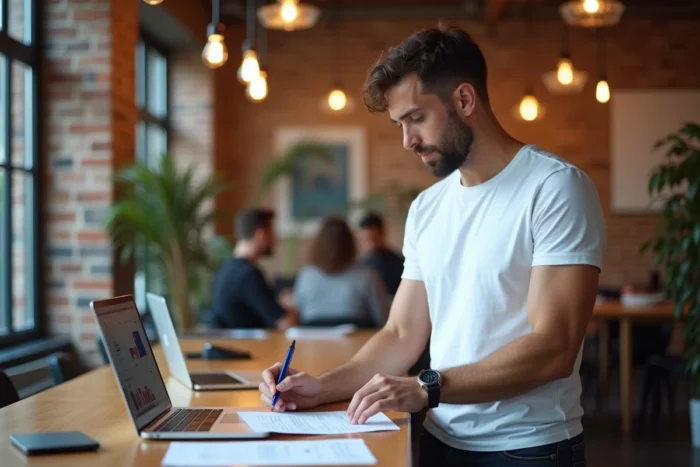 Jeune entrepreneur masculin analysant un plan de business en ligne dans un espace de coworking moderne