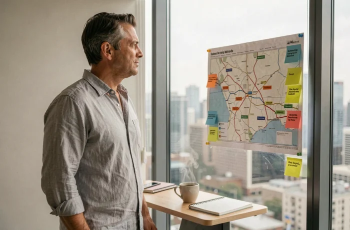 Entrepreneur masculin examinant une feuille de route de lancement d'entreprise dans un bureau épuré avec vue urbaine