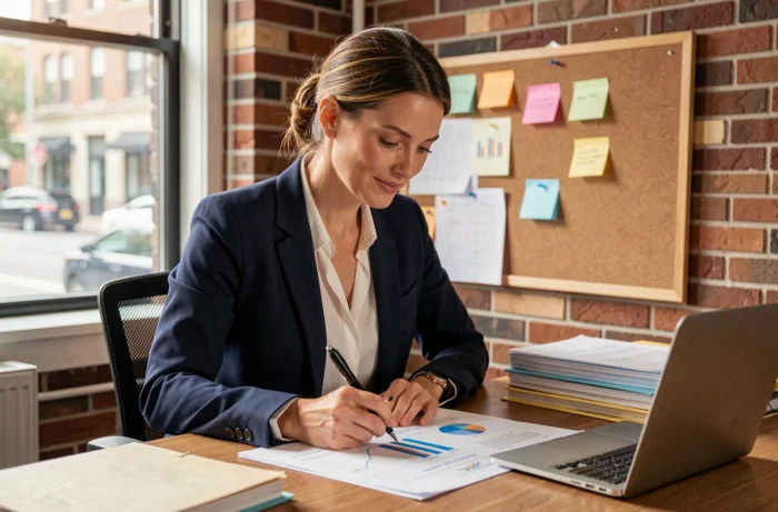 Femme entrepreneur en blazer marine analysant un plan de lancement d'entreprise dans un bureau moderne
