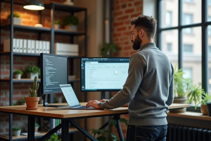 Entrepreneur debout à son bureau dans un bureau de startup moderne, utilisant un logiciel de gestion de flux de travail, illustrant les cas d'usage d'Opraz pour les petites entreprises