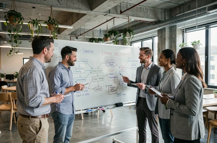 Équipe de professionnels en séance de brainstorming autour d'un tableau blanc dans un coworking pour lancer une startup