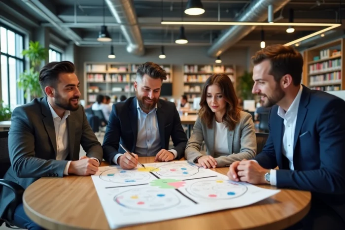 Équipe de professionnels collaborant sur une carte stratégique des 5P de Mintzberg dans un espace de co-working moderne