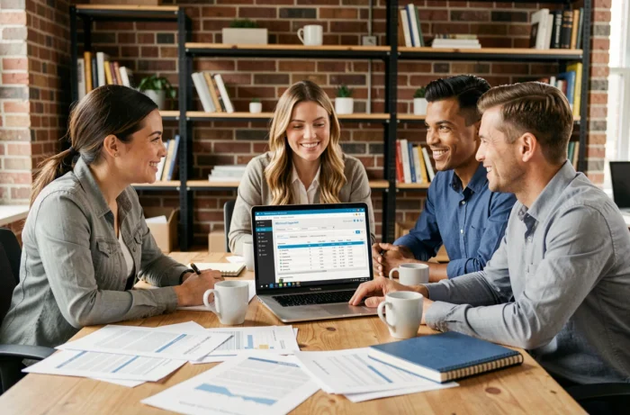 Équipe de professionnels collaborant autour d'un logiciel Microsoft Dynamics NAV pour la gestion d'entreprise