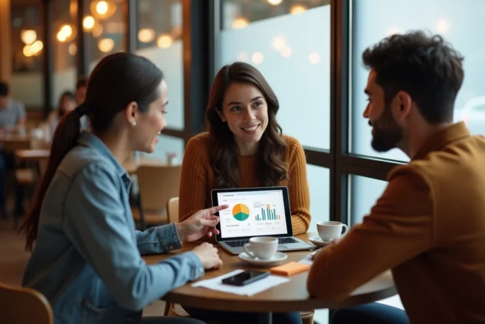 Équipe de trois entrepreneurs collaborant autour d'une stratégie de business en ligne dans un café urbain