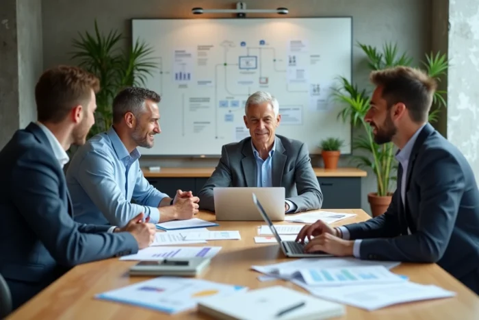 Équipe de professionnels en réunion autour d'une table avec des rapports et des ordinateurs portables, représentant la collaboration autour d'un outil de gestion d'entreprise comme Opraz