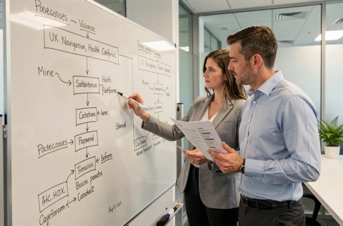 UX team collaborating on the navigation plan of a health platform in front of a whiteboard