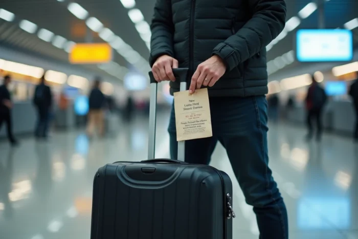 Homme attachant une étiquette valise imprimée sur le bagage en soute à l'aéroport avant l'enregistrement