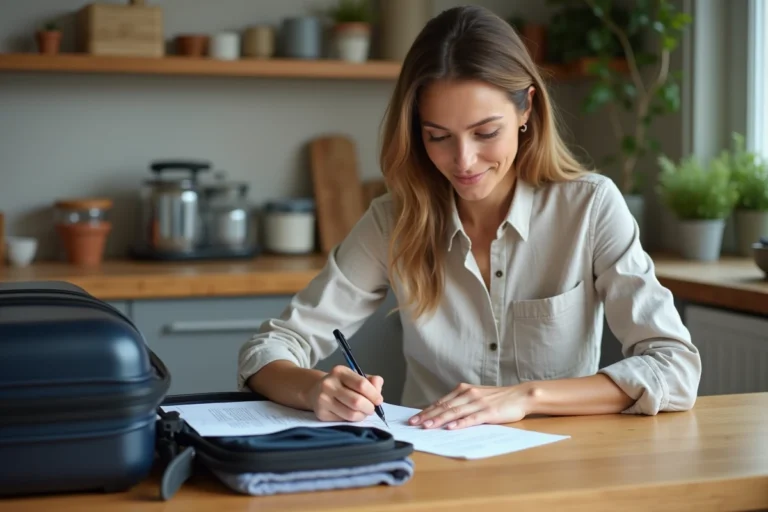 Femme remplissant une étiquette bagage imprimée à la maison avant un voyage, valise ouverte sur la table de cuisine