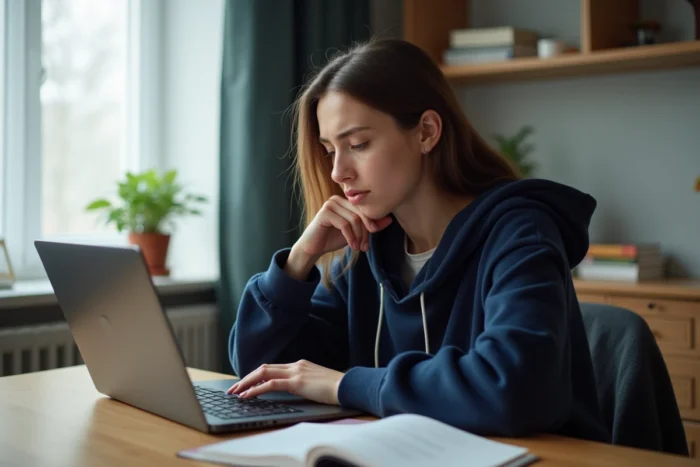 Étudiante frustrée devant un message d'erreur de connexion sur son ordinateur portable dans sa chambre universitaire