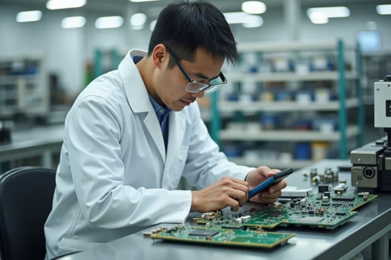 Ingénieur inspectant une carte mère de smartphone dans une usine de fabrication électronique en Asie, représentant l'origine de fabrication des téléphones Doro
