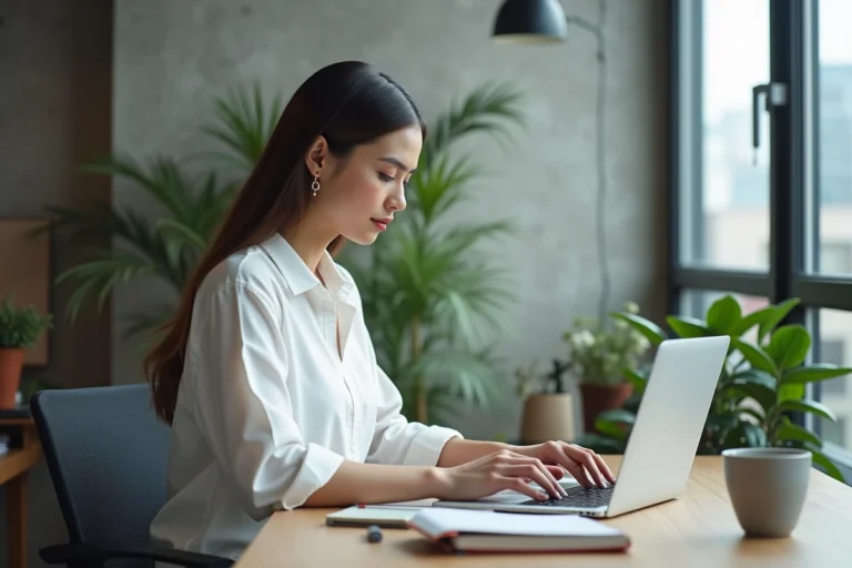 Femme consultant les actualités et innovations sur un ordinateur portable dans un espace de coworking moderne