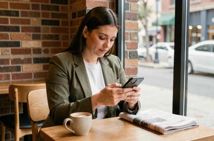 Femme consultant les actualités sur son smartphone dans un café moderne avec journal et tasse de café