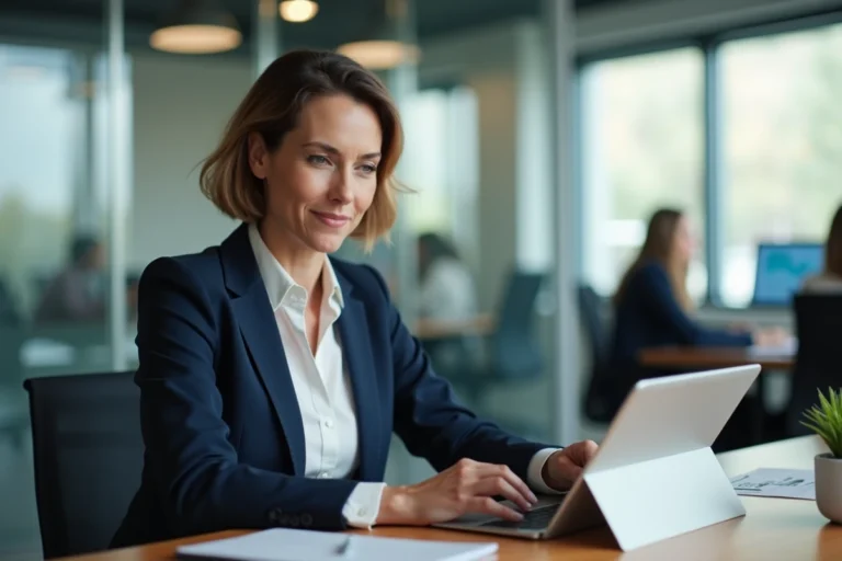 Femme d'affaires analysant des données sur une tablette dans un bureau moderne, illustrant l'utilisation d'un outil de gestion comme Opraz en entreprise