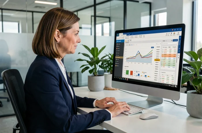 Femme d'affaires analysant un tableau de bord Microsoft Dynamics NAV sur un écran d'ordinateur en open space professionnel
