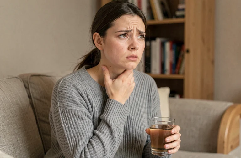 Jeune femme souffrant d'une angine, assise sur un canapé et tenant sa gorge douloureuse avec un verre d'eau chaude à la main