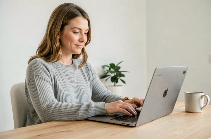 Femme utilisant une plateforme de santé en ligne sur son ordinateur depuis son bureau à domicile