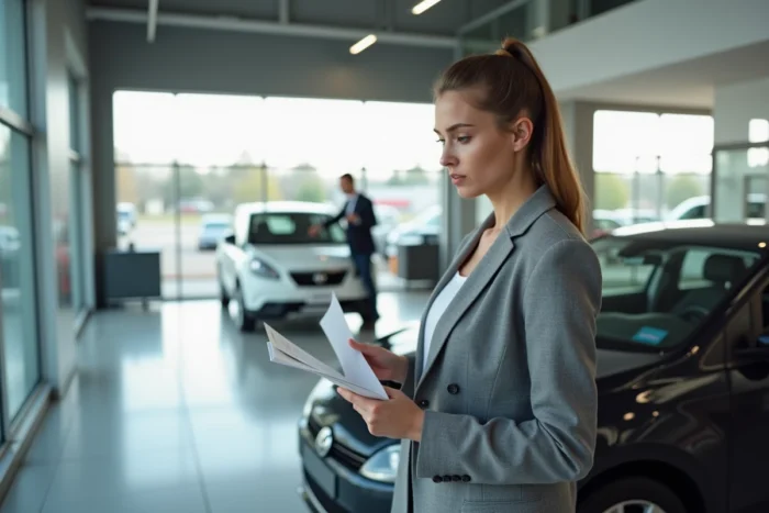 Femme en concession automobile tenant une brochure face à un vendeur, questionnant le financement CPF pour l'achat d'un véhicule