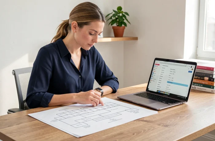Femme consultant un plan de site imprimé et un ordinateur portable pour naviguer sur heramagazine.net