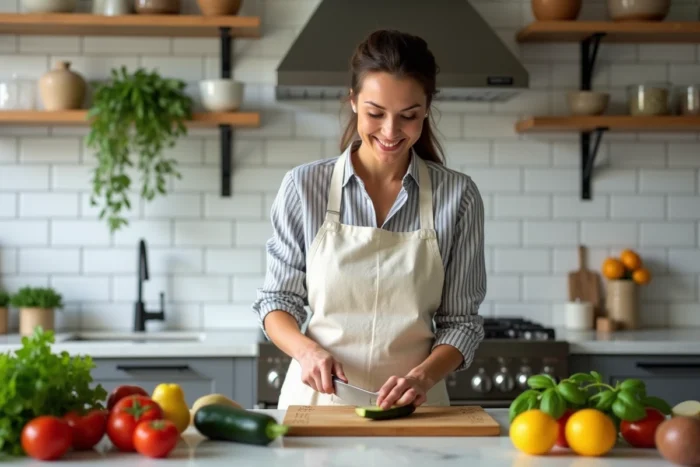 Femme préparant des légumes frais sur un plan de travail en marbre dans une cuisine moderne lumineuse