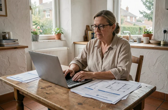 Femme consultant des documents administratifs pour transformer un garage en chambre, permis de construire et plans étalés sur une table en bois
