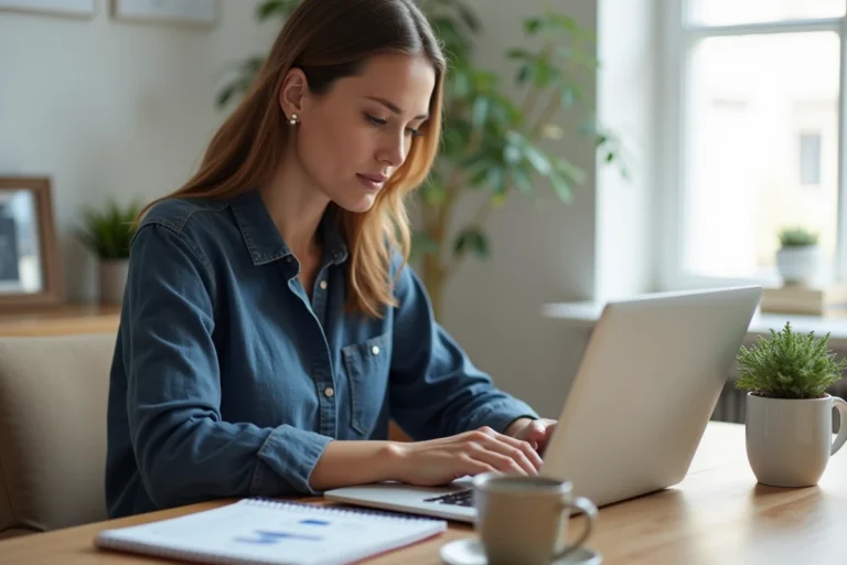 Femme entrepreneur travaillant sur son business en ligne depuis un bureau à domicile moderne et organisé