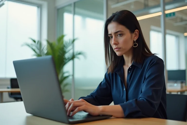 Femme frustrée devant un écran d'ordinateur affichant une erreur de connexion MyArkevia au bureau