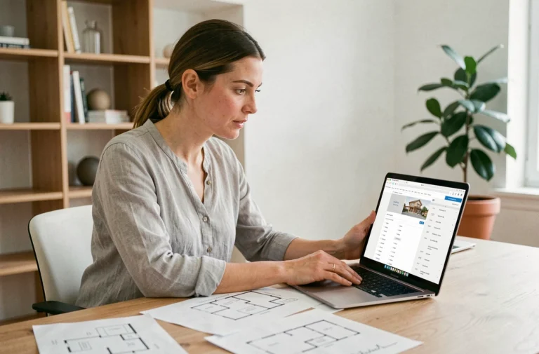 Femme consultant le plan du site Concept Maison sur un ordinateur portable dans un bureau moderne