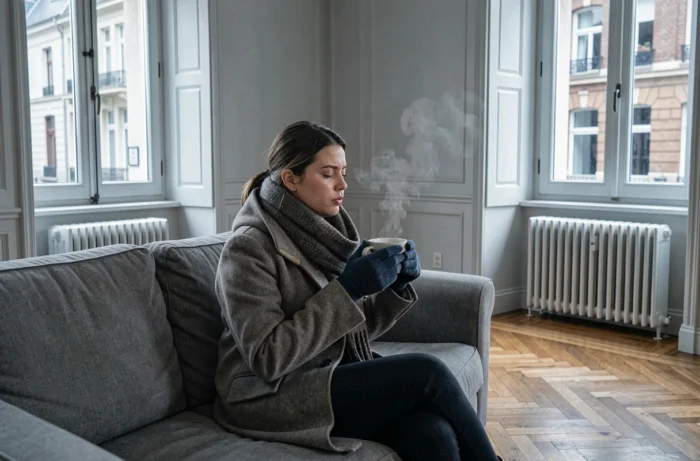 Femme habillée chaudement à l'intérieur d'un appartement froid à Bruxelles tenant une tasse de thé chaud