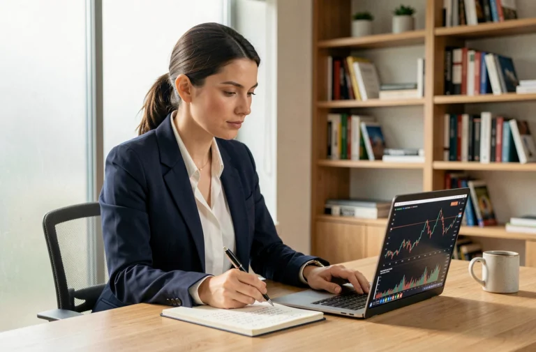 Femme investissant en bourse depuis son bureau à domicile, analysant des graphiques financiers sur un ordinateur portable