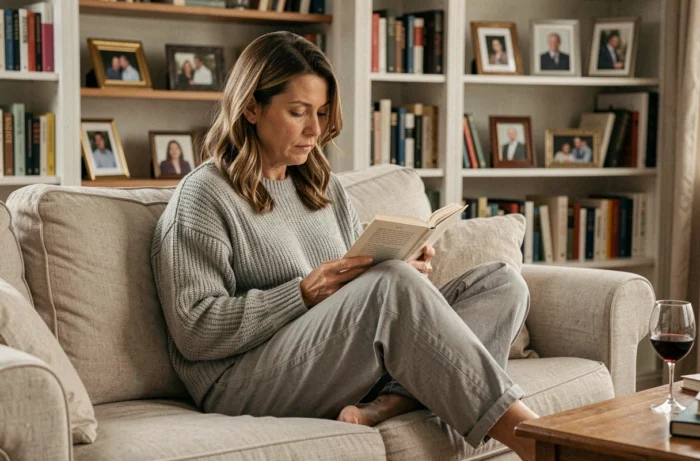 Femme lisant un livre dans son salon, moment intime de vie privée dans un intérieur chaleureux