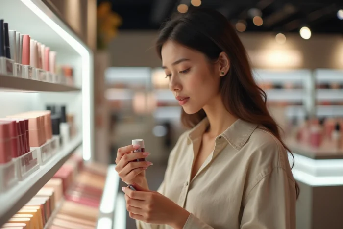 Femme examinant un rouge à lèvres dans un magasin de cosmétiques avec des rayons de maquillage en arrière-plan