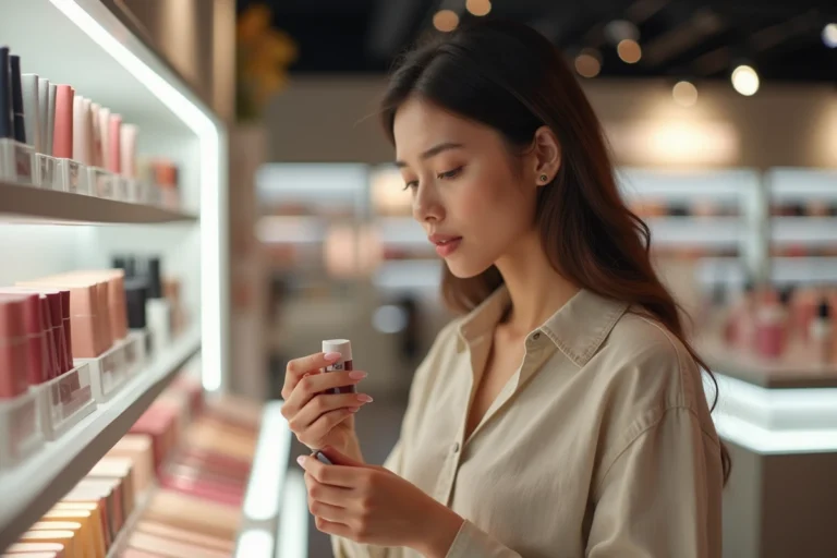 Femme examinant un rouge à lèvres dans un magasin de cosmétiques avec des rayons de maquillage en arrière-plan