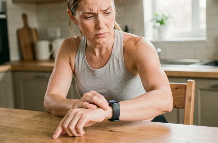 Femme examinant son podomètre connecté avec une expression perplexe dans une cuisine moderne