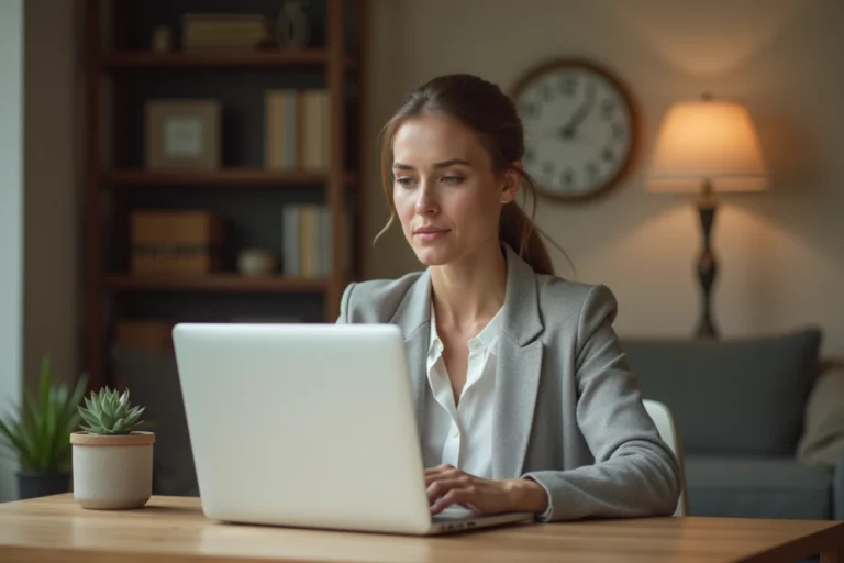 Femme consultant des offres d'emploi sur un ordinateur portable dans un bureau à domicile moderne