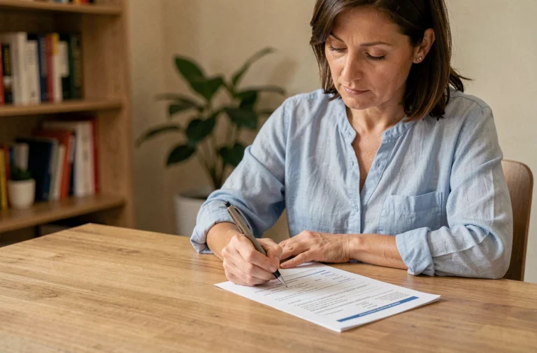 Femme remplissant une feuille de soin Pacifica à son bureau à domicile pour obtenir un remboursement