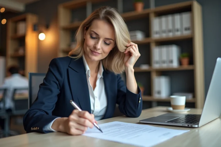 Femme professionnelle signant un contrat dans un bureau moderne, illustrant la définition et le fonctionnement d'un contrat A500