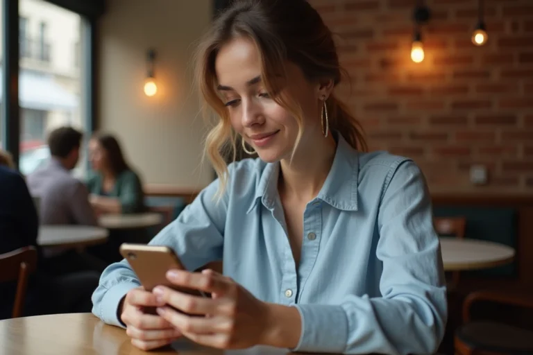 Femme consultant un site de rencontre gratuit sur son smartphone dans un café parisien