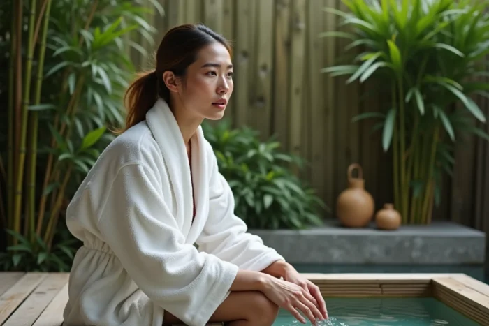 Femme en robe de bain assise au bord d'un spa en bois extérieur, s'interrogeant sur la qualité de l'eau et les alternatives au chlore