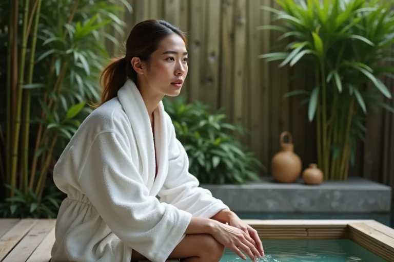 Femme en robe de bain assise au bord d'un spa en bois extérieur, s'interrogeant sur la qualité de l'eau et les alternatives au chlore