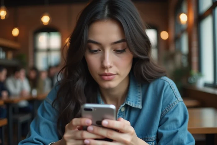 Femme consultant son téléphone dans un café pour trouver la nouvelle adresse du site Nokraf