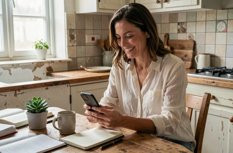 Femme consultant son smartphone à une table de cuisine rustique, scène de vie privée naturelle et intimiste