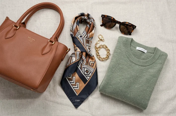 Flat lay mode saison avec sac en cuir cognac, foulard en soie, lunettes écaille et pull en laine mérinos vert sauge