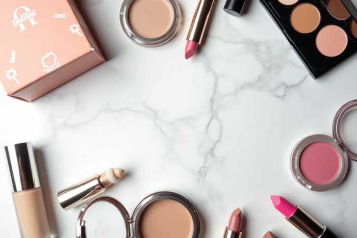 Assortiment de produits de maquillage disposés en flat lay sur marbre blanc avec sacs de boutiques beauté