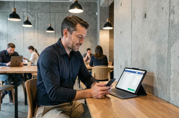 Freelance gérant ses factures et son secrétariat en ligne depuis un espace de coworking