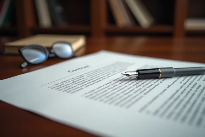 Gros plan d'un document de contrat A500 avec stylo plume et lunettes sur un bureau en bois, symbolisant la lecture et la compréhension contractuelle