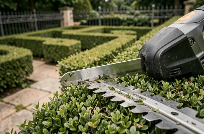 Gros plan sur les lames d'un taille-haie électrique sans fil appuyé contre une haie de buis taillée dans un jardin formel à la française