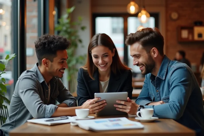 Groupe de jeunes professionnels discutant d'articles récents et de tendances numériques dans un café urbain